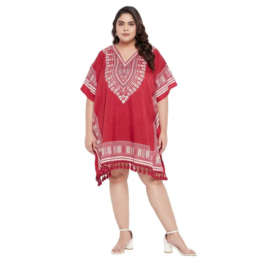 Dashiki Printed Red Polyester Short Caftan Tunic Dress for Women by Gypsie Blu - Picture 2 of 8